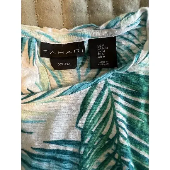 Tahari Women's Linen Top Medium Button Back Palm Leaves - Picture 4 of 6